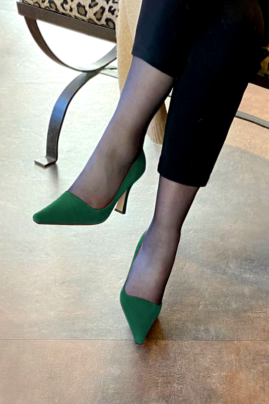 Emerald green women's dress pumps,with a square neckline. Pointed toe. Very high spool heels. Worn view - Florence KOOIJMAN